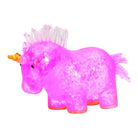 A glowing pink unicorn toy with a translucent body, glittery texture, and a small yellow horn, shown on a plain white background.