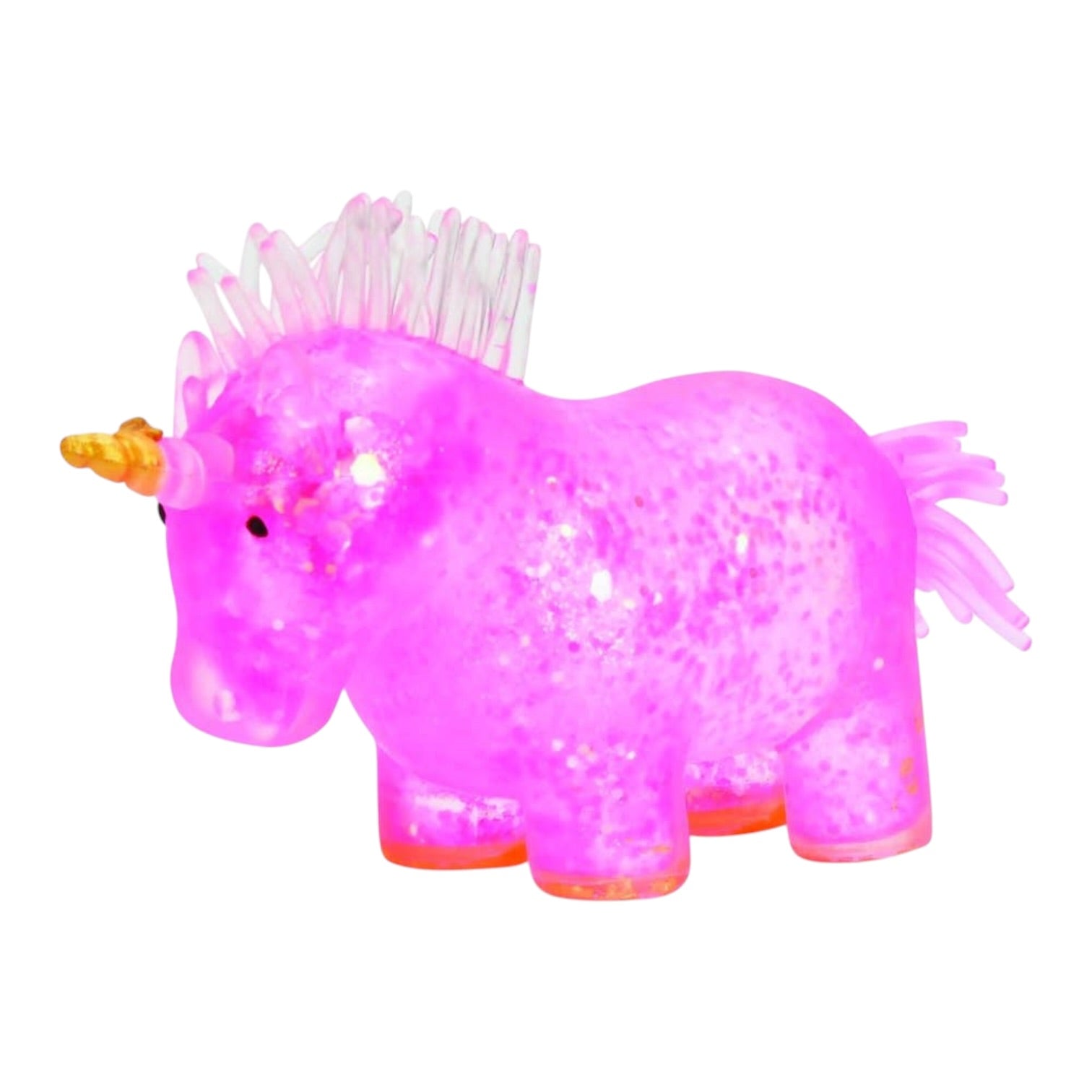 A glowing pink unicorn toy with a translucent body, glittery texture, and a small yellow horn, shown on a plain white background.