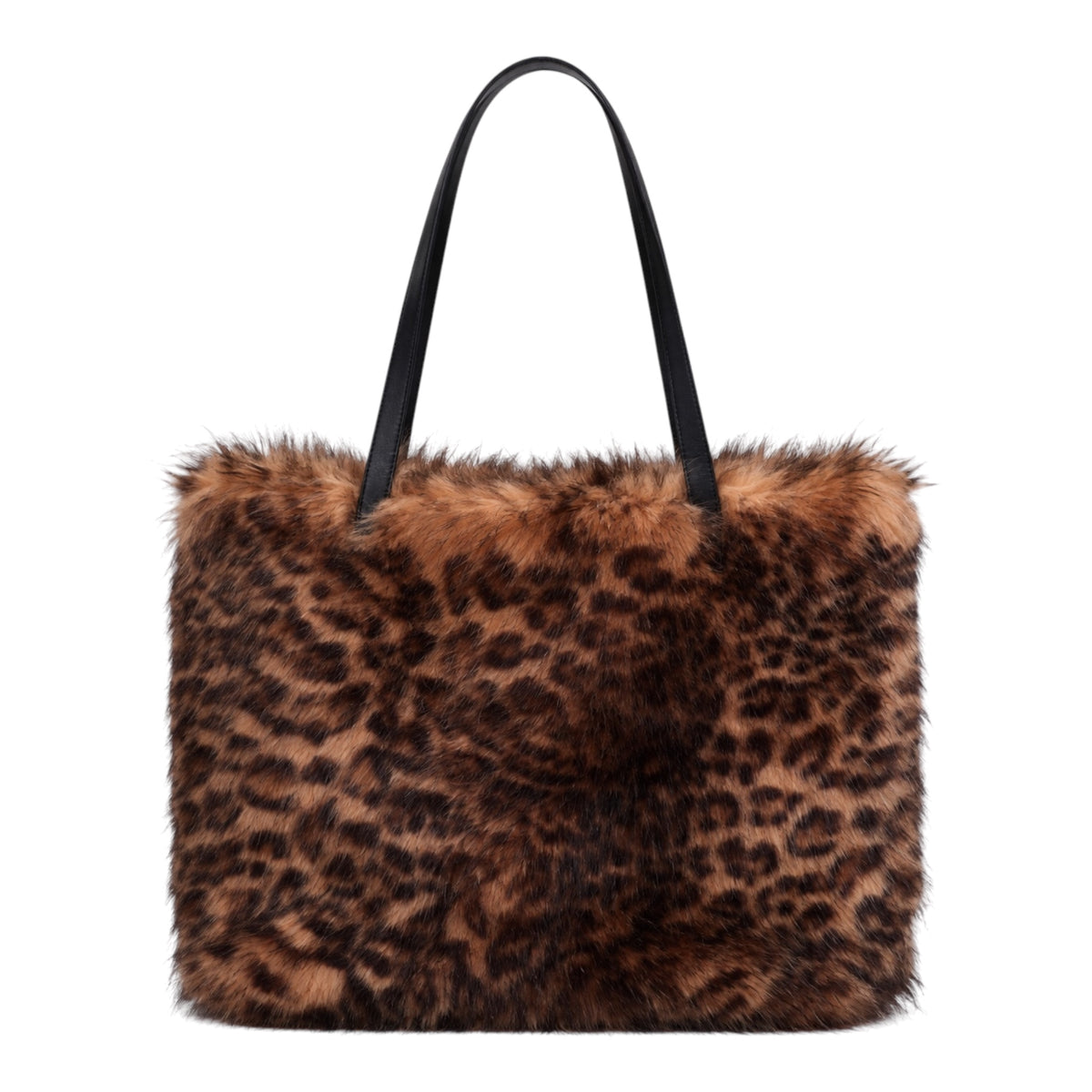 A leopard print faux fur tote bag with black shoulder straps, shown against a plain white background.