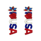 Pair of earrings with red, white, and blue design on a white background