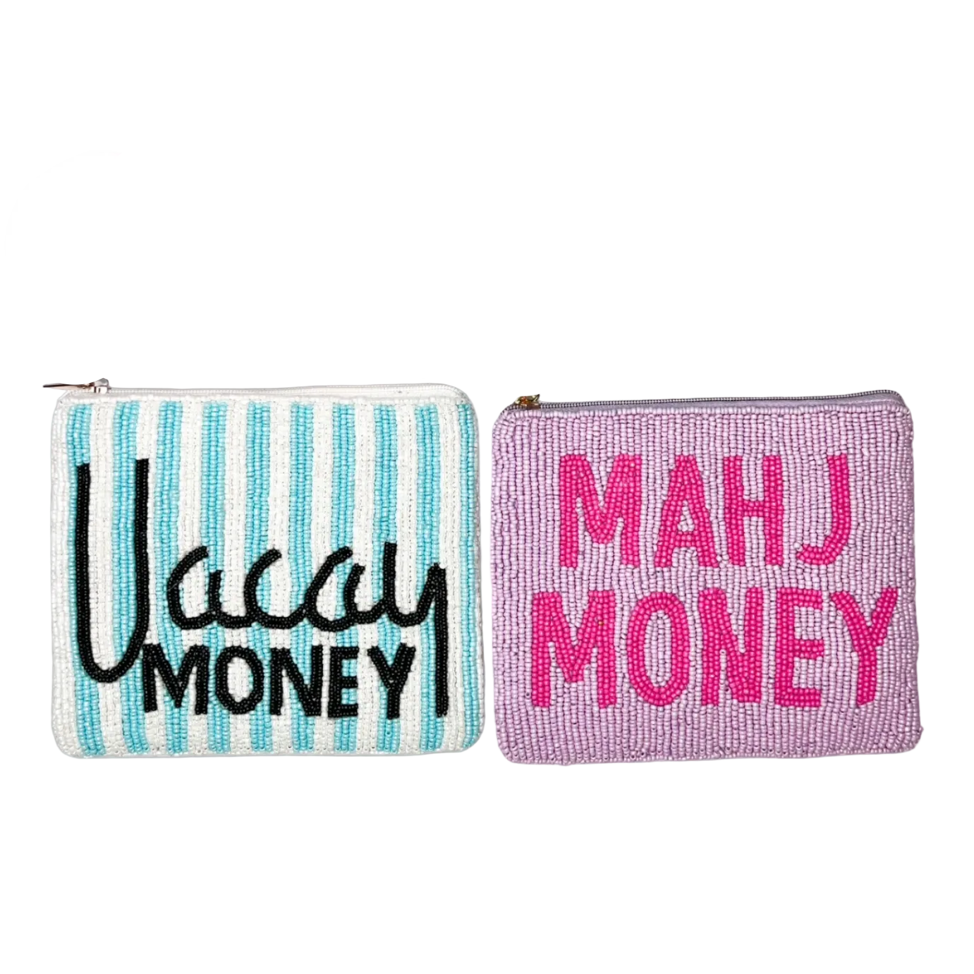 Four colorful pouches with humorous text designs on a white background