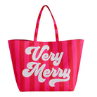 A pink and red striped tote bag with the words 'Very Merry' printed in white script across the front, shown on a plain white background.