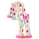 A two-piece pajama set featuring a long-sleeve top and matching pants. The pajamas have an off-white background with a repeating pattern of colorful Christmas trees in pink, mint green, and lime green, finished with fluffy pink faux-fur cuffs on the top and matching fluffy pink trim on the pants.