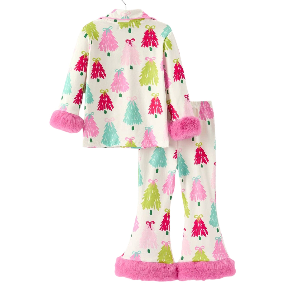 A two-piece pajama set featuring a long-sleeve top and matching pants. The pajamas have an off-white background with a repeating pattern of colorful Christmas trees in pink, mint green, and lime green, finished with fluffy pink faux-fur cuffs on the top and matching fluffy pink trim on the pants.