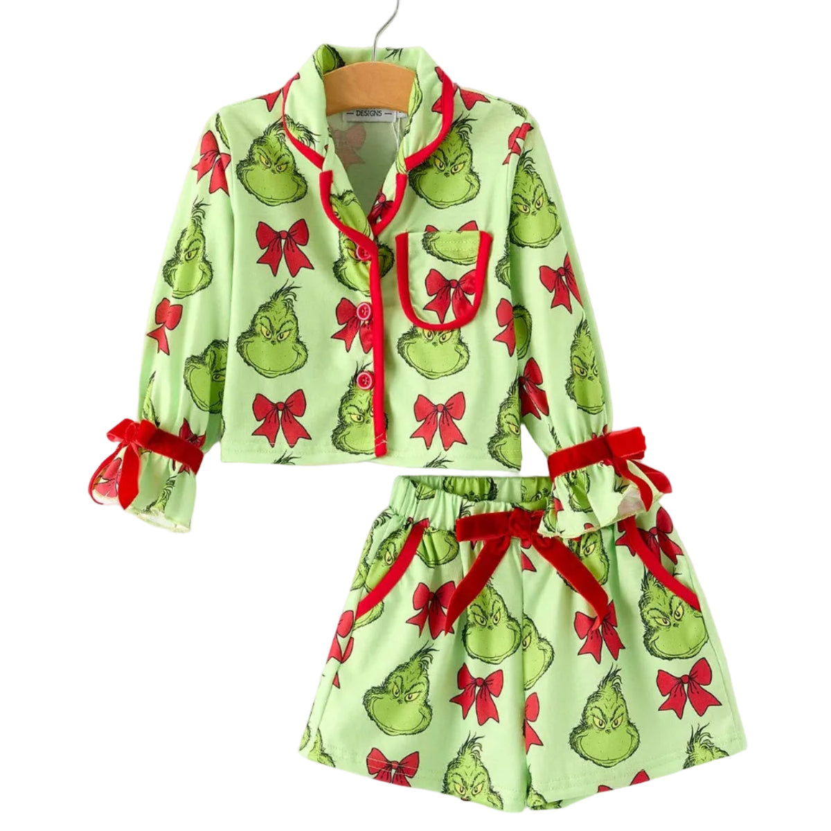 Green Holiday Character Bow Pajama Set