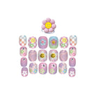 A set of pastel press-on nails arranged on a white background, with a pink flower-shaped ring stand at the top. The nails feature various designs including smiley faces, flowers, checkered patterns, and pastel swirls in pink, purple, blue, and peach tones.