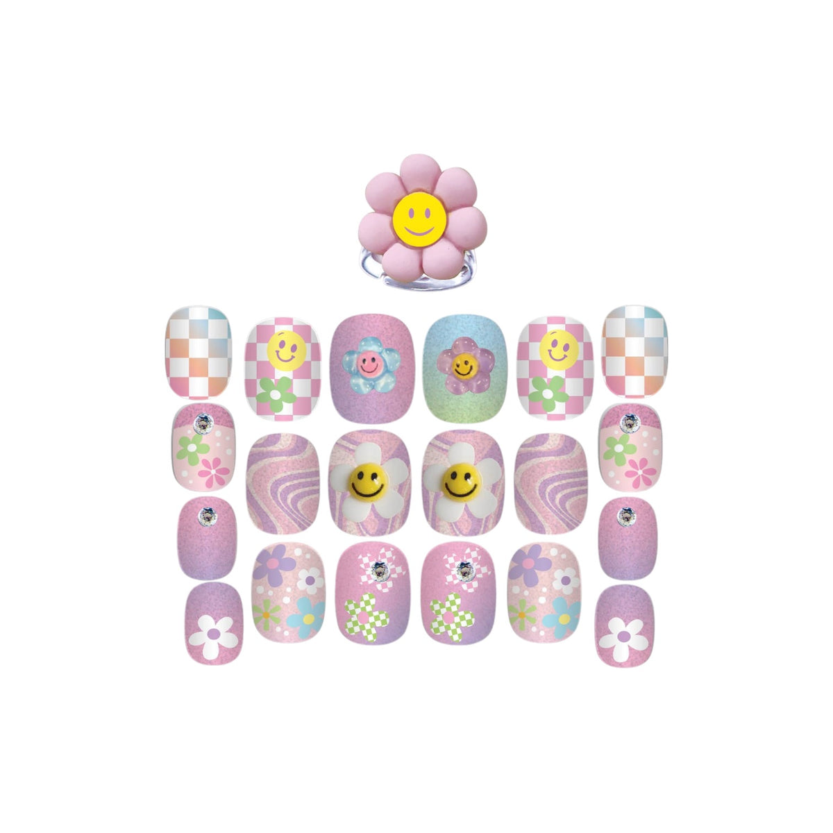 A set of pastel press-on nails arranged on a white background, with a pink flower-shaped ring stand at the top. The nails feature various designs including smiley faces, flowers, checkered patterns, and pastel swirls in pink, purple, blue, and peach tones.