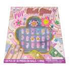 Hot Focus Pop Nail Glitz 3D press-on nail and matching ring set in its retail packaging, featuring pink, purple, and blue floral designs.