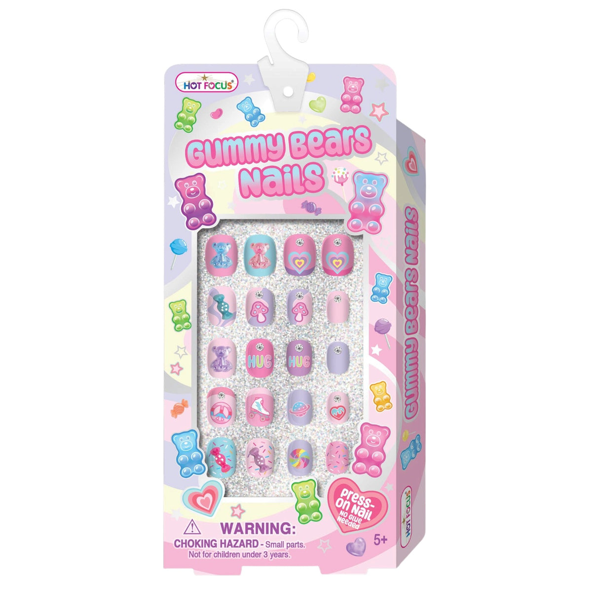 Hot Focus Gummy Bears Nails set in retail packaging, featuring a variety of pink, purple, and blue gummy bear-shaped press-on nails on a white background.