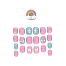 Unicorn-themed press-on nail set featuring pink glitter nails, pastel pink and light blue nails with unicorn and rainbow designs, and a small clear dome sticker with a rainbow at the top, all arranged on a white background.