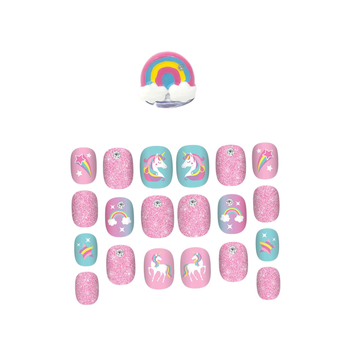 Unicorn-themed press-on nail set featuring pink glitter nails, pastel pink and light blue nails with unicorn and rainbow designs, and a small clear dome sticker with a rainbow at the top, all arranged on a white background.