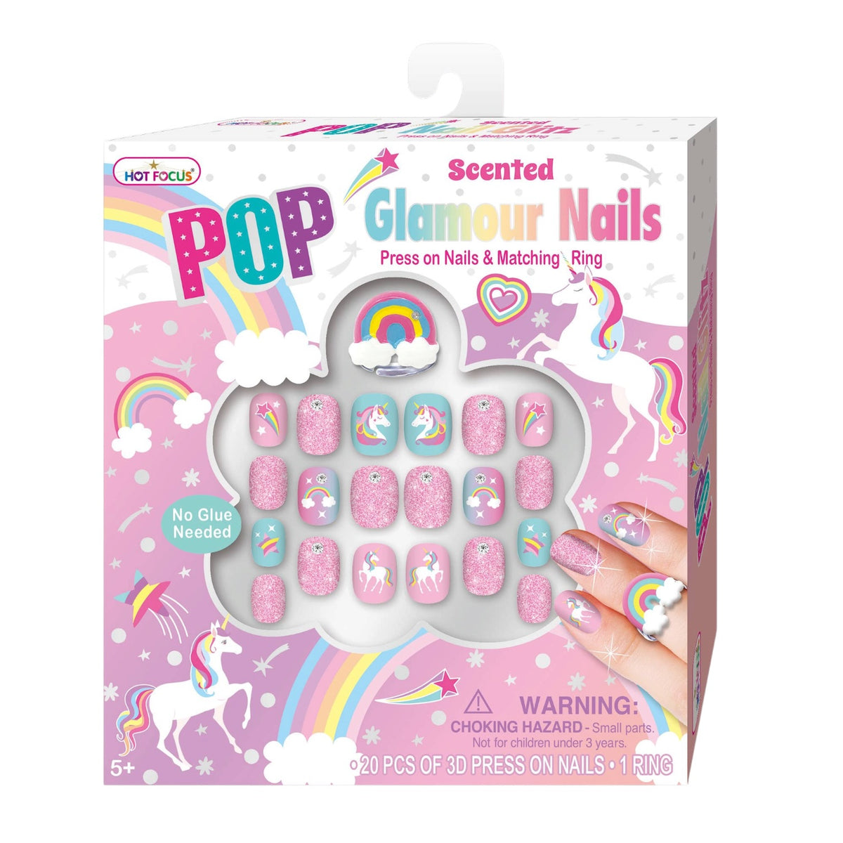 A retail package of 'Hot Focus' brand 'POP Glamour Nails' featuring pink and light blue unicorn-themed press-on nails with a matching press-on ring, shown on a white background.