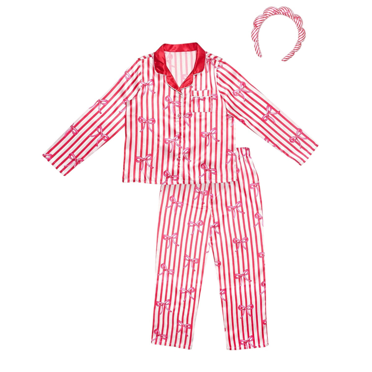 A two-piece girls' pajama set with a matching headband, featuring red and white vertical stripes with pink bow patterns, a red collar, and a red button placket. The set is displayed flat on a white background.