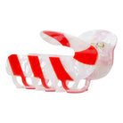 A translucent white and red claw hair clip on a solid white background.