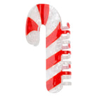 A candy cane-shaped hair claw clip with a red and white striped design, made of glossy translucent plastic, shown on a plain white background.