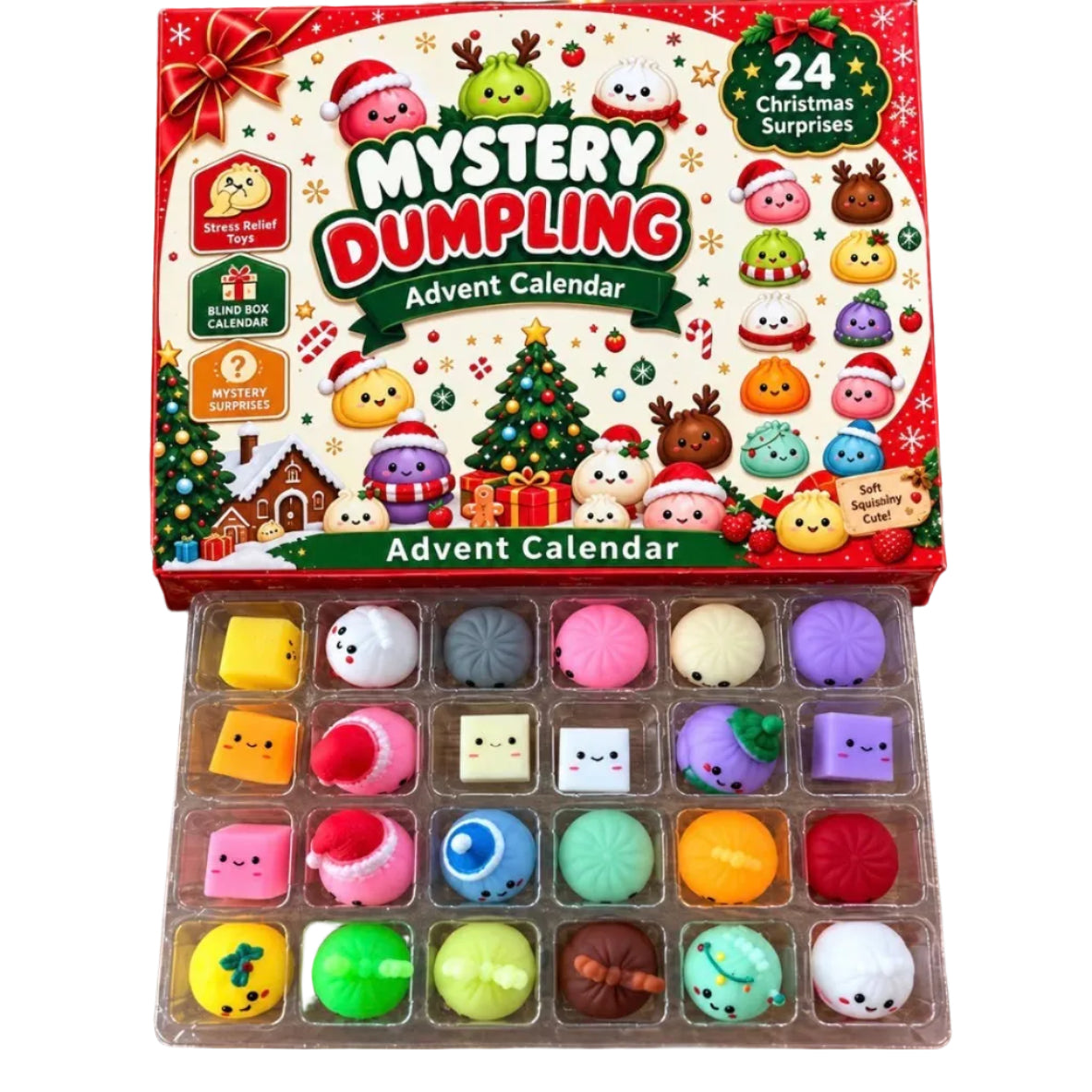 Mystery Dumpling Advent Calendar box and tray of colorful dumplings, styled on a wooden table with Christmas decorations, candy canes, and a mug.