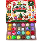 Mystery Dumpling Advent Calendar box and tray of colorful dumplings, styled on a wooden table with Christmas decorations, candy canes, and a mug.