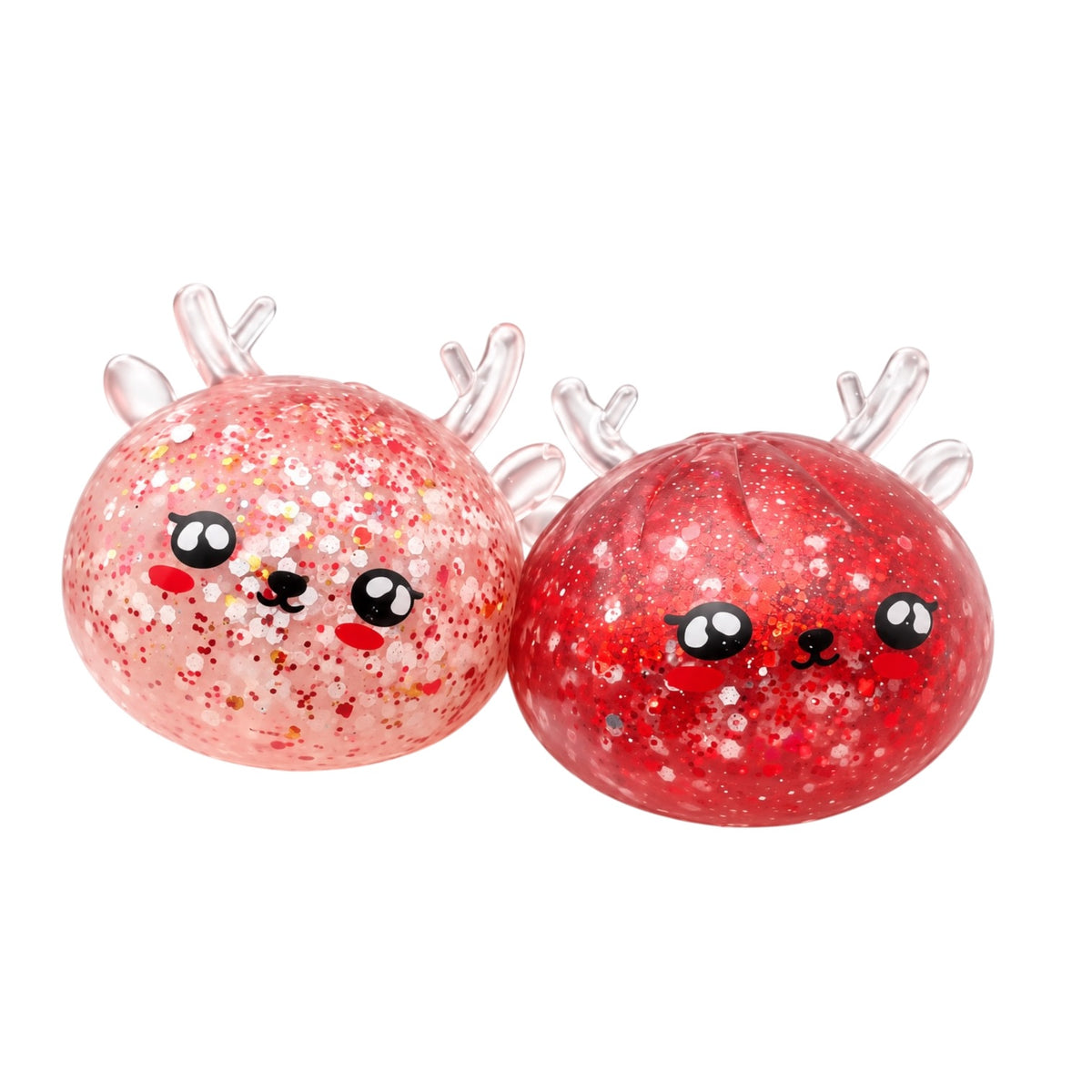 Two cute, round, glittery squishy shaped like reindeer with clear antlers, one in pink and one in red, on a solid white background.