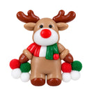 A cute plastic Christmas reindeer figurine with brown antlers and hooves, a red nose, a red and white striped sweater, and a green scarf, holding red, green, and white pom-pom balls.