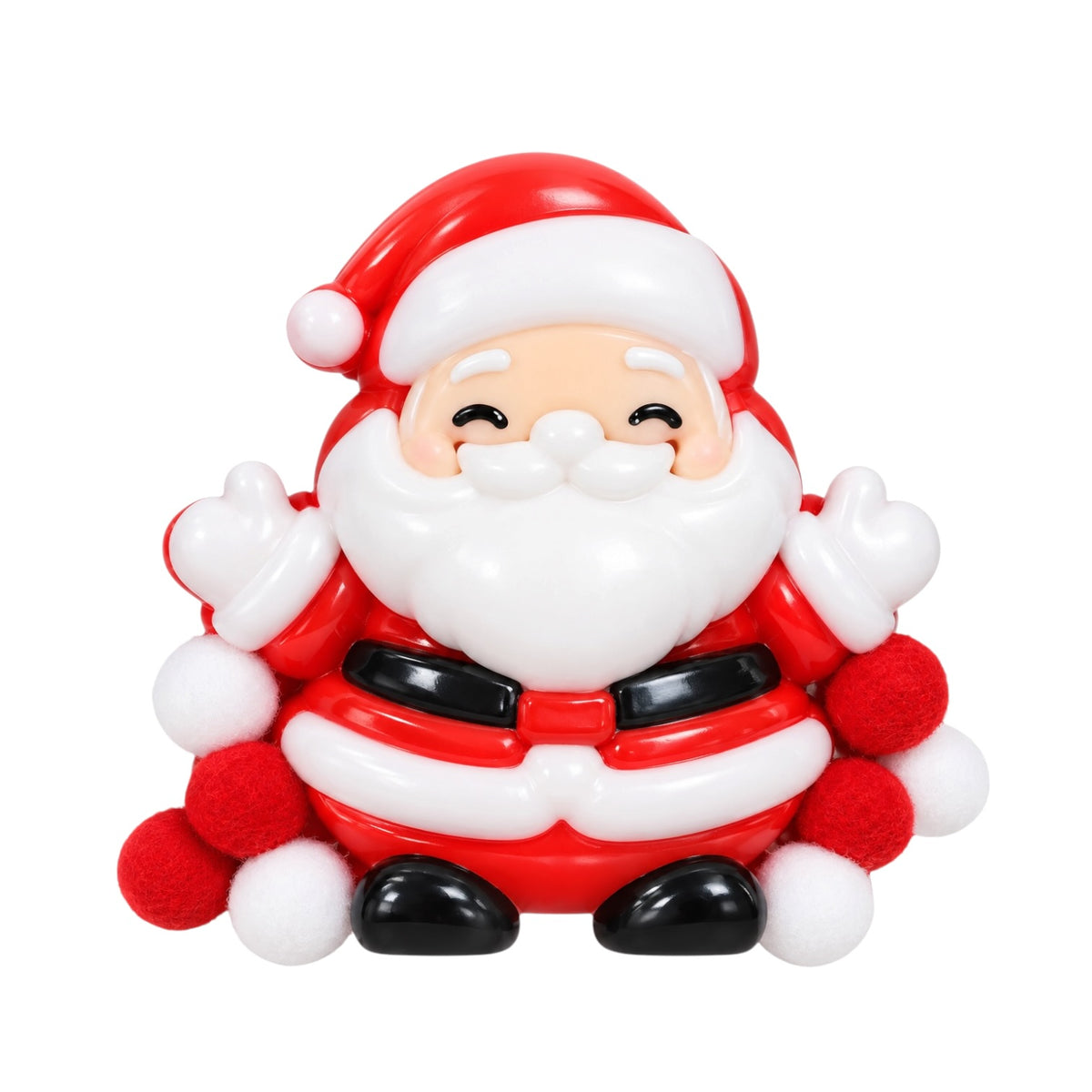 A cute, cartoonish Santa Claus figurine sitting down, featuring a red and white outfit with black boots and belt, set against a plain white background.