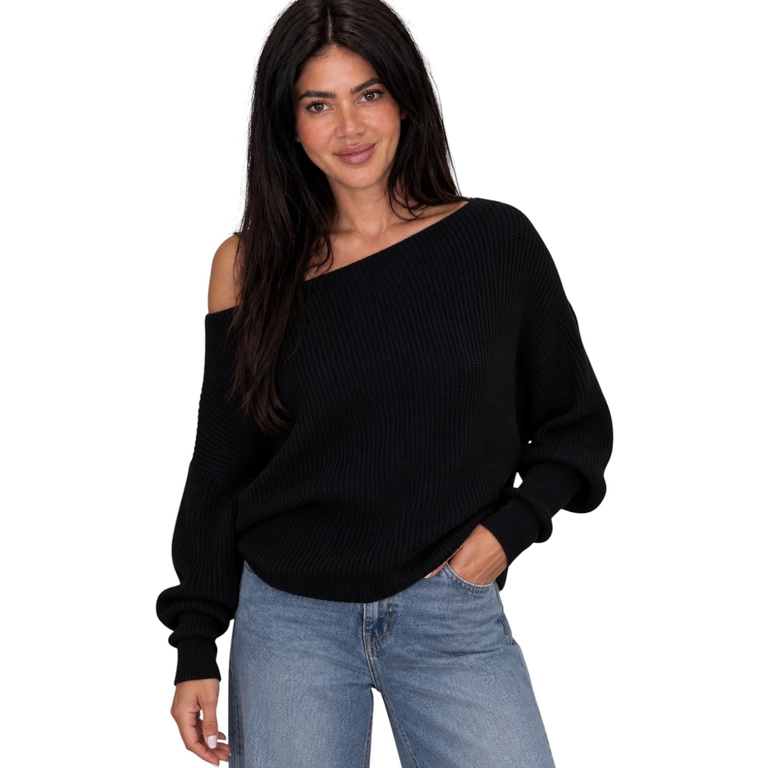 Waffle Off Shoulder Knit Top - Black – Alicia DiMichele Boutique