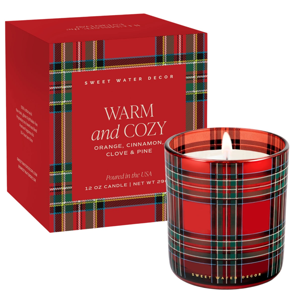 Red plaid candle and packaging with 'Sweet Water Decor' branding on a white background
