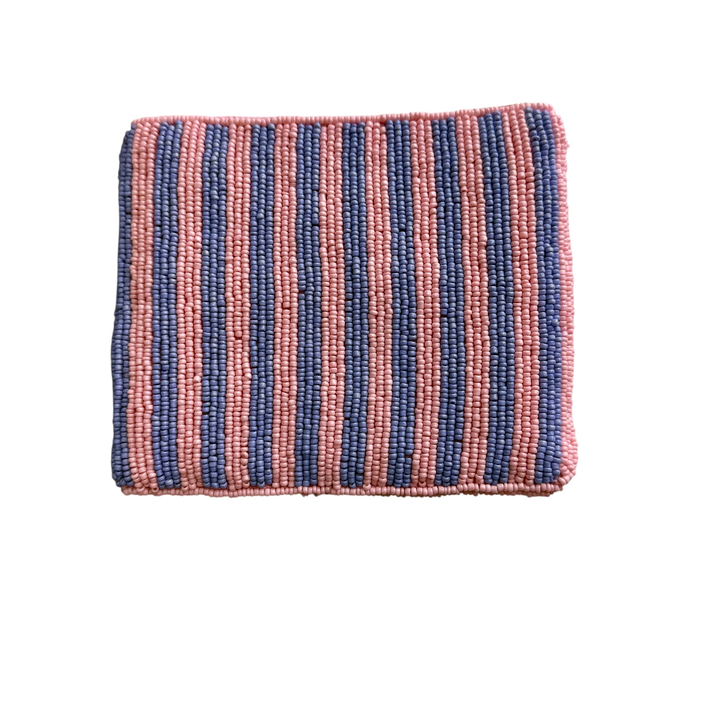 Striped pink and blue beaded coin purse on a white background