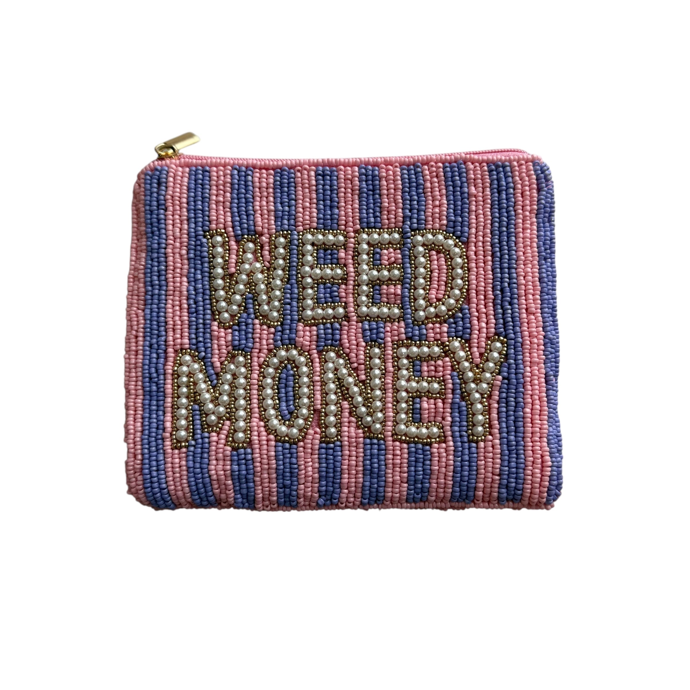 Striped pouch with 'WEED MONEY' text on a white background