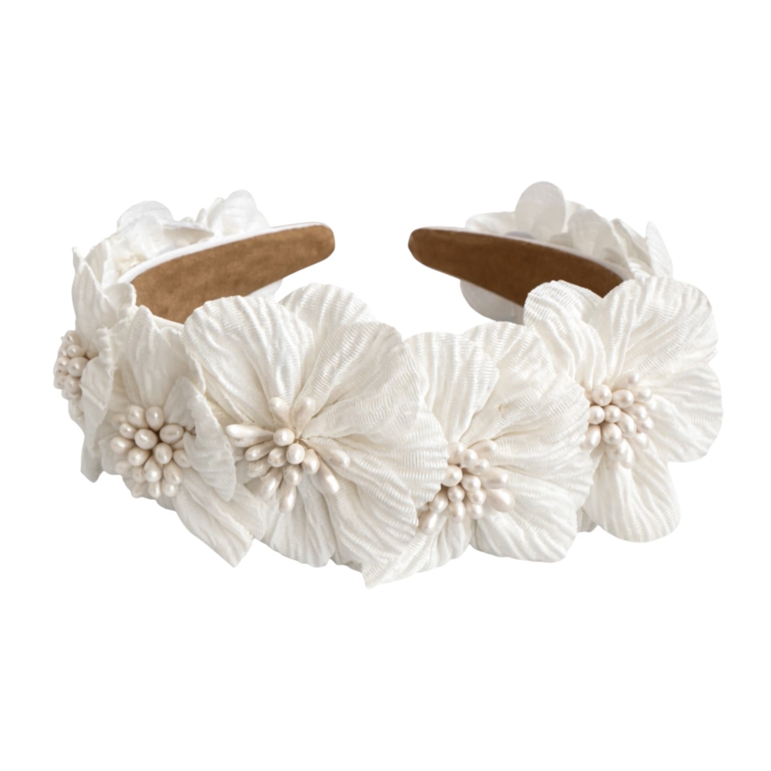 White floral headband with pearl accents on a white background