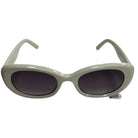 Sunglasses with a light gray frame and dark lenses on a white background