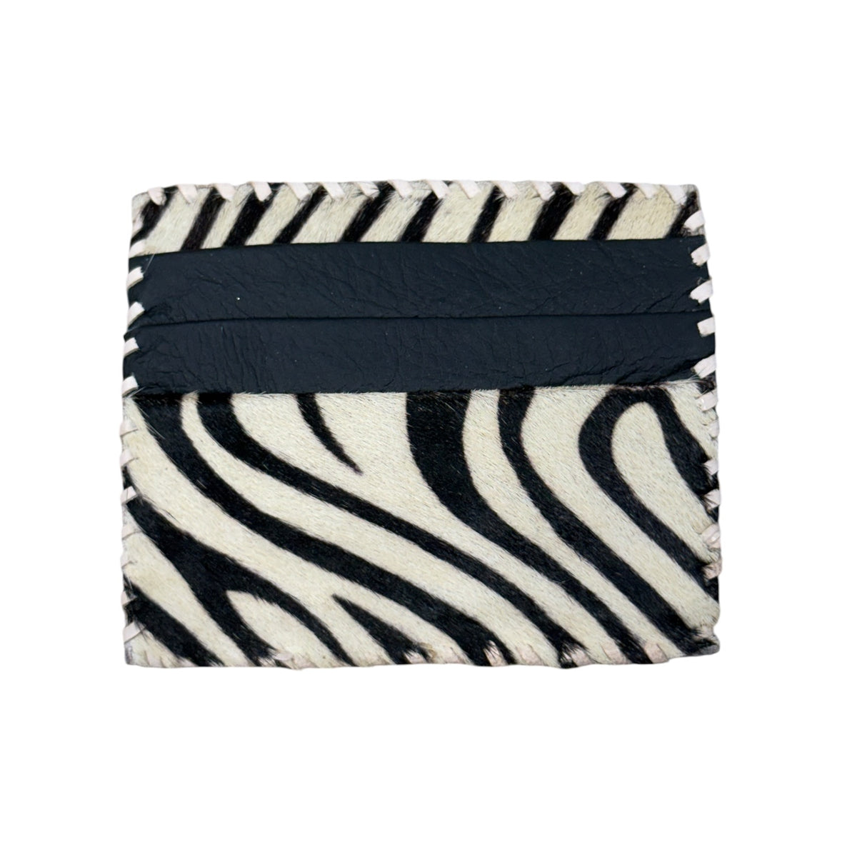 A square leather accessory with a black and white zebra print pattern and a wide black horizontal band across the center, shown on a plain white background.