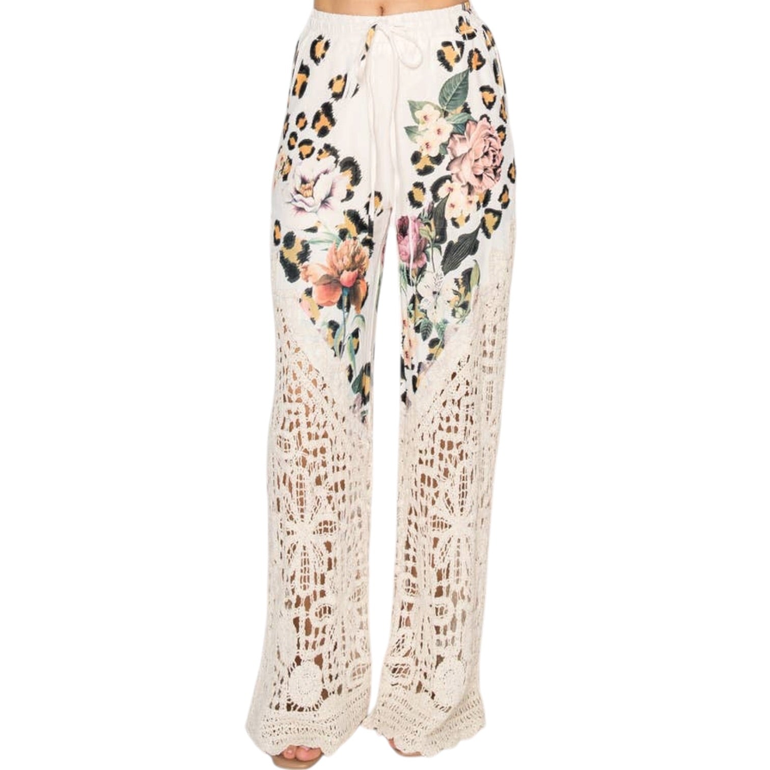 Floral and leopard print pants on a white background