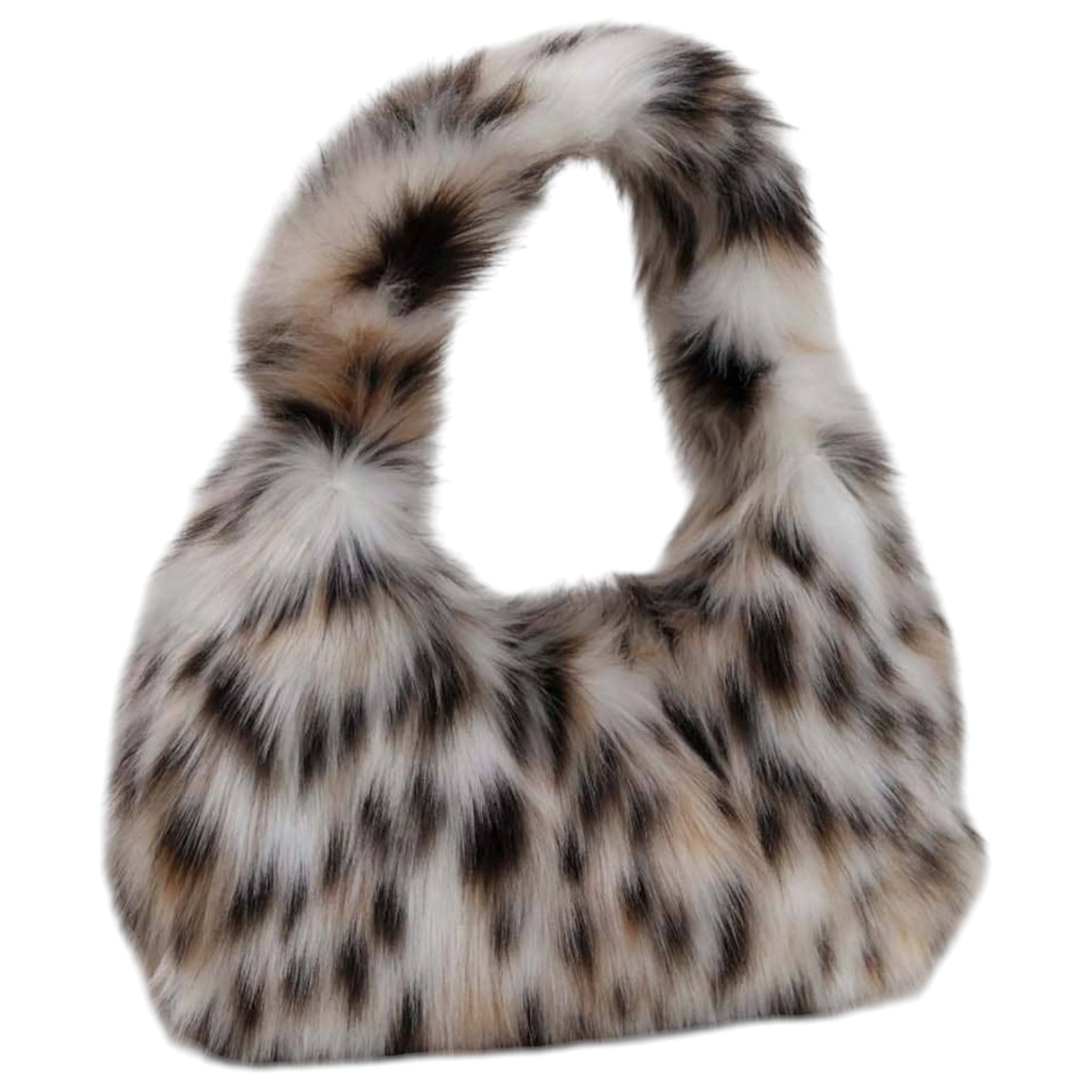A plush faux-fur shoulder bag with a leopard print pattern in white, beige, and black, isolated on a white background.