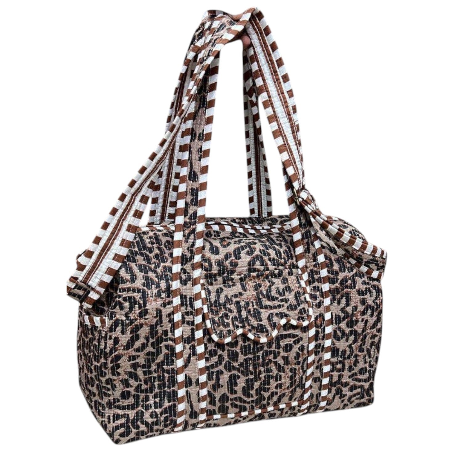 Leopard print bag with checkered straps on a white background