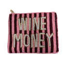 Pink and black striped pouch with 'WINE MONEY' text on a white background