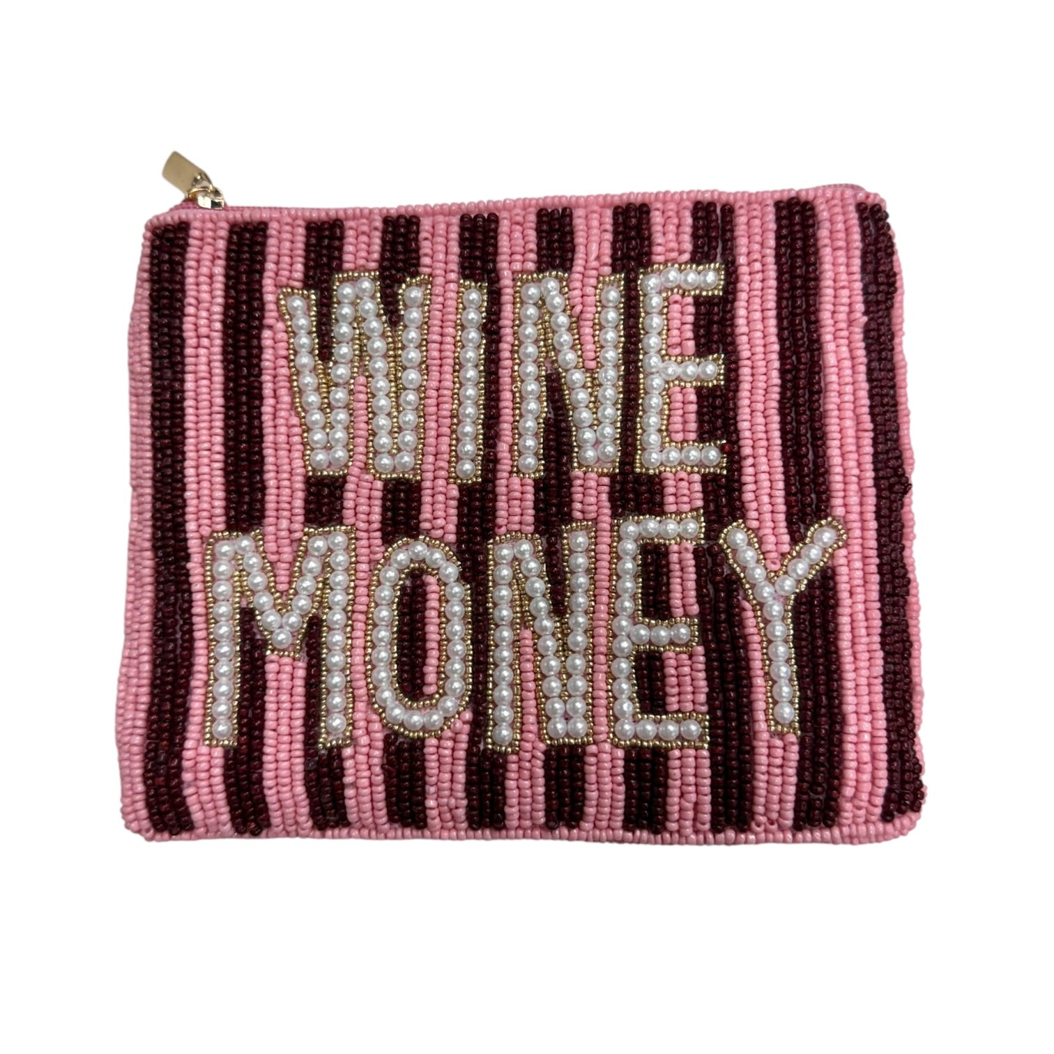 Pink and black striped pouch with 'WINE MONEY' text on a white background