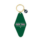 Green keychain with text on a white background