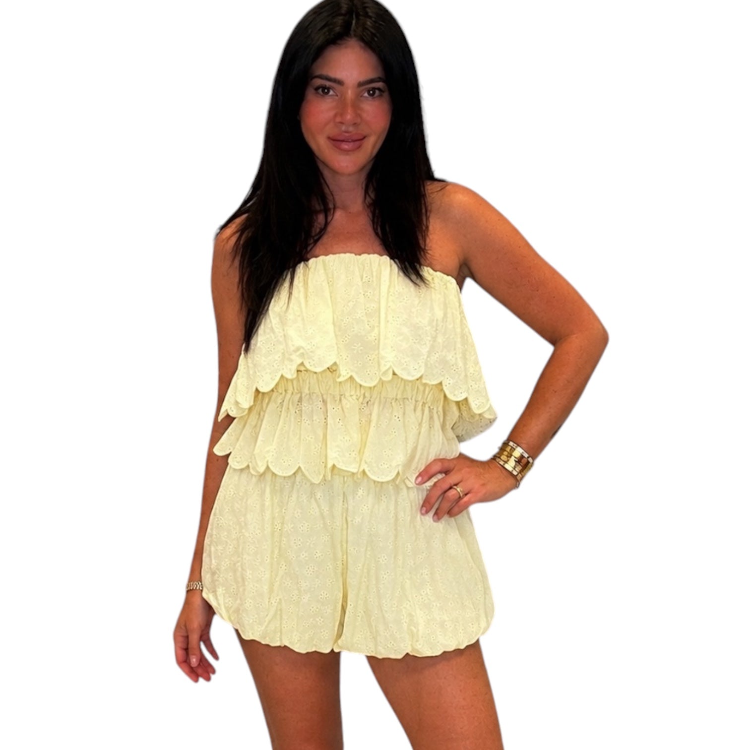 Yellow Eyelet Ruffle Shorts Set Large