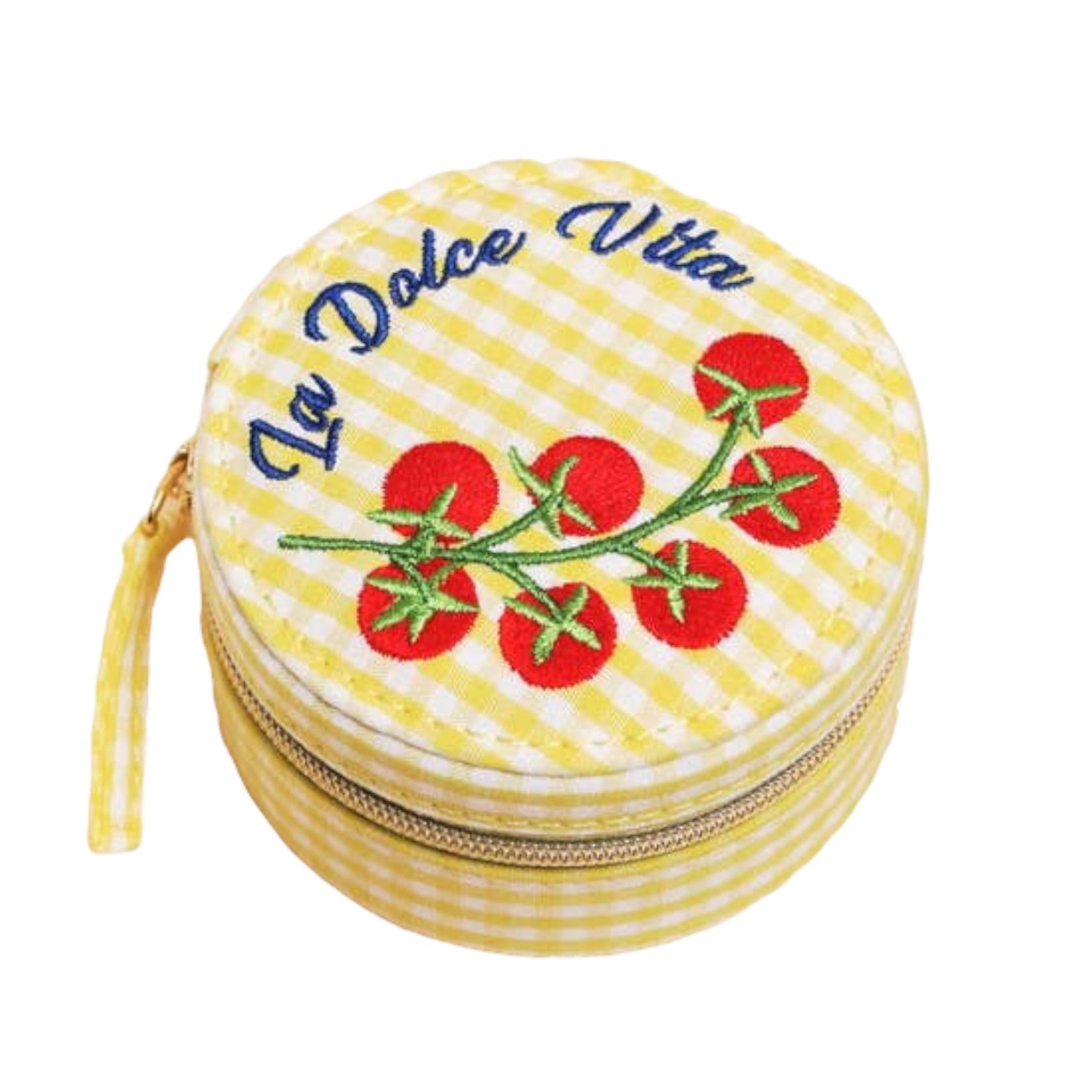 Round yellow checkered pouch with 'La Dolce Vita' text and tomato design on a white background