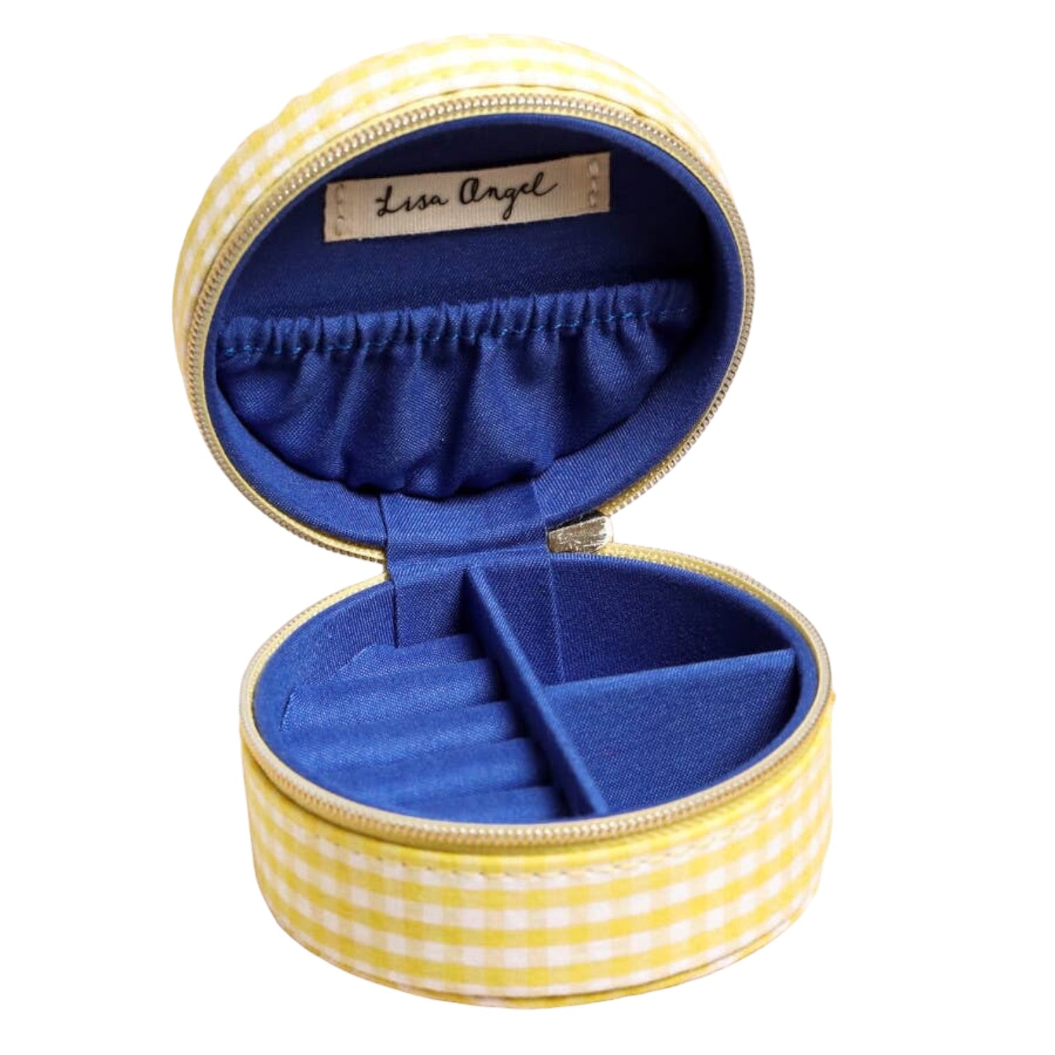 Round jewelry case with yellow checkered exterior and blue interior, featuring the brand 'Lisa Angel'.
