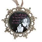 Decorative ornament with vintage photo and text 'You will always be my best friend, you know too much' on a white background.