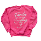 Pink sweatshirt with 'Family Over Everything' text on a white background