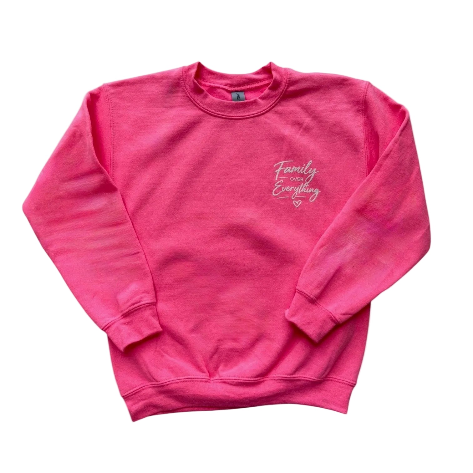 Pink sweatshirt with text on a white background