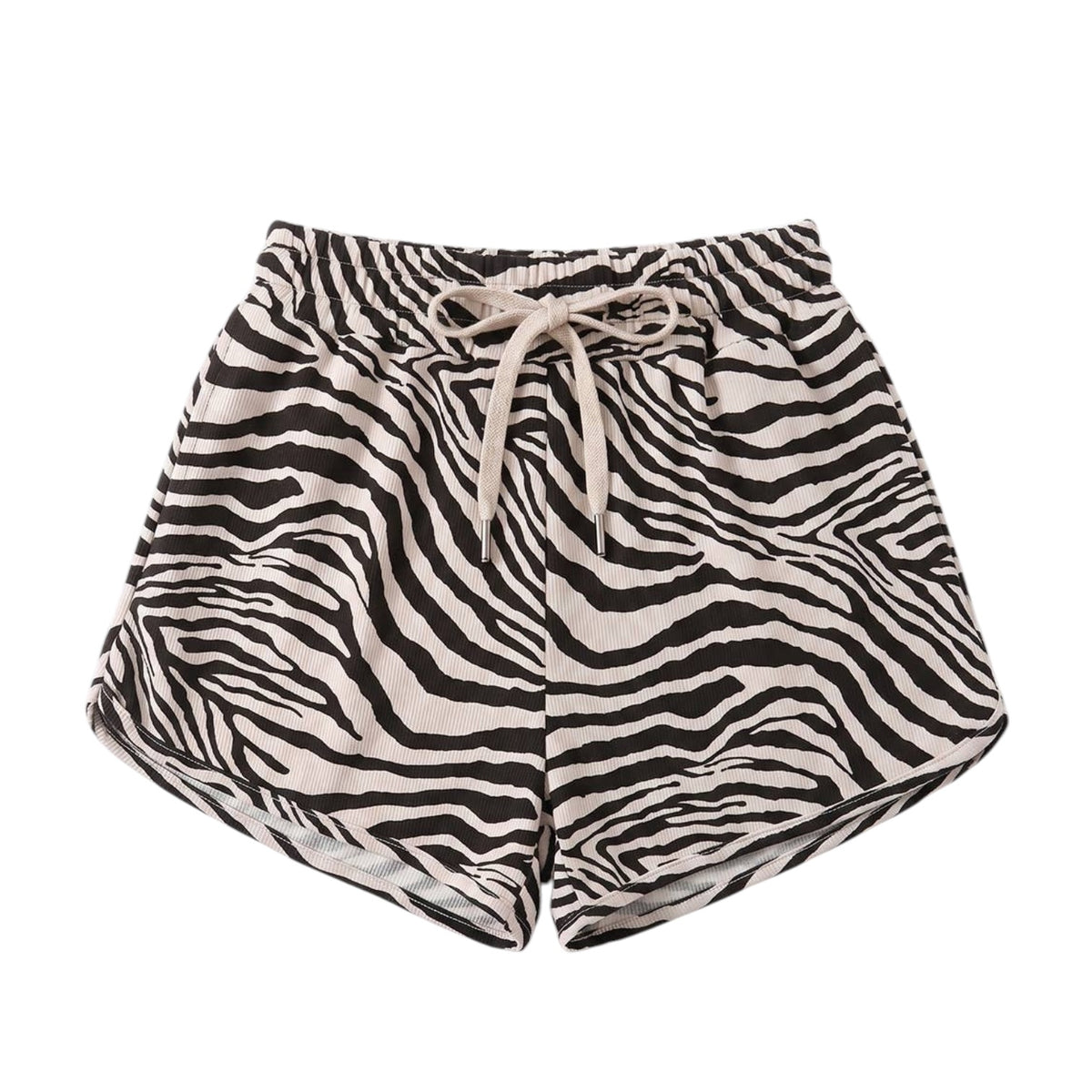 Zebra print shorts with a beige drawstring waist, displayed flat against a solid white background.