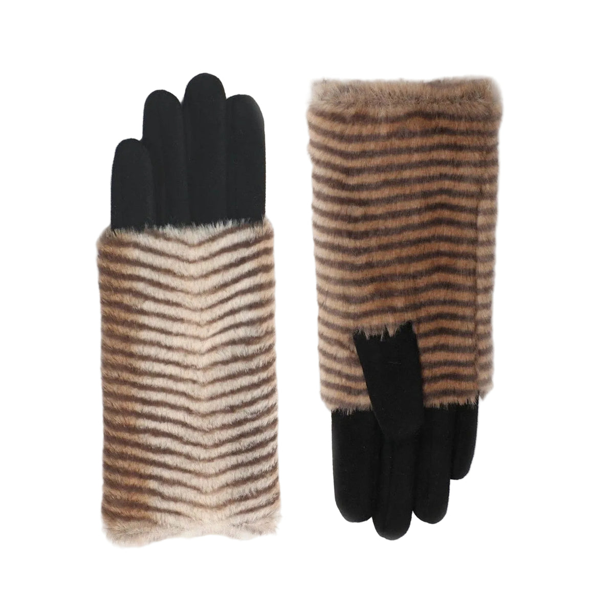 A pair of long, open-finger gloves with black fingertips and a fuzzy brown and beige striped wrist cuff, shown on a plain light gray background.
