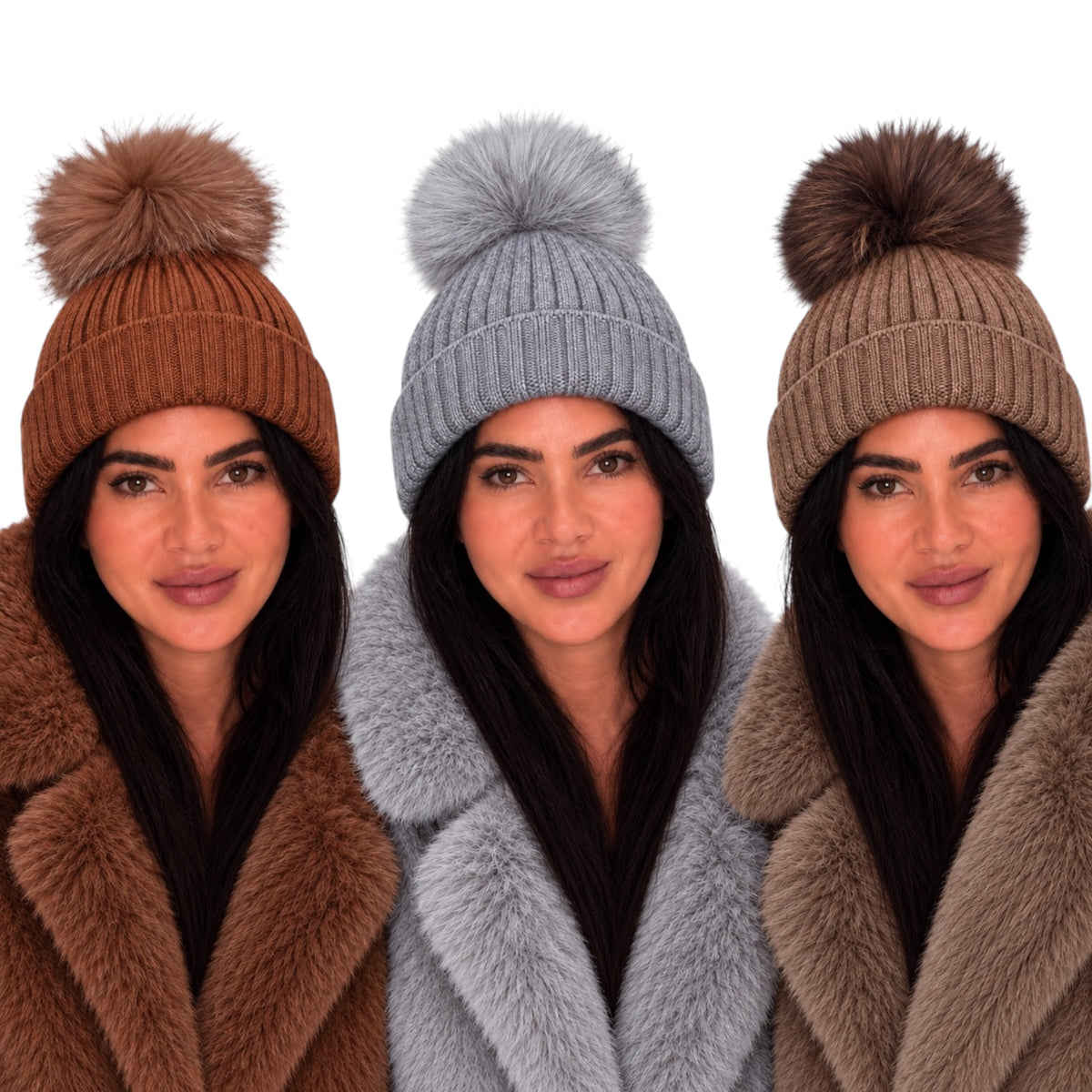 Three women wearing ribbed knit pom-pom beanies in brown, light gray, and taupe, paired with faux fur coats against a plain white background.