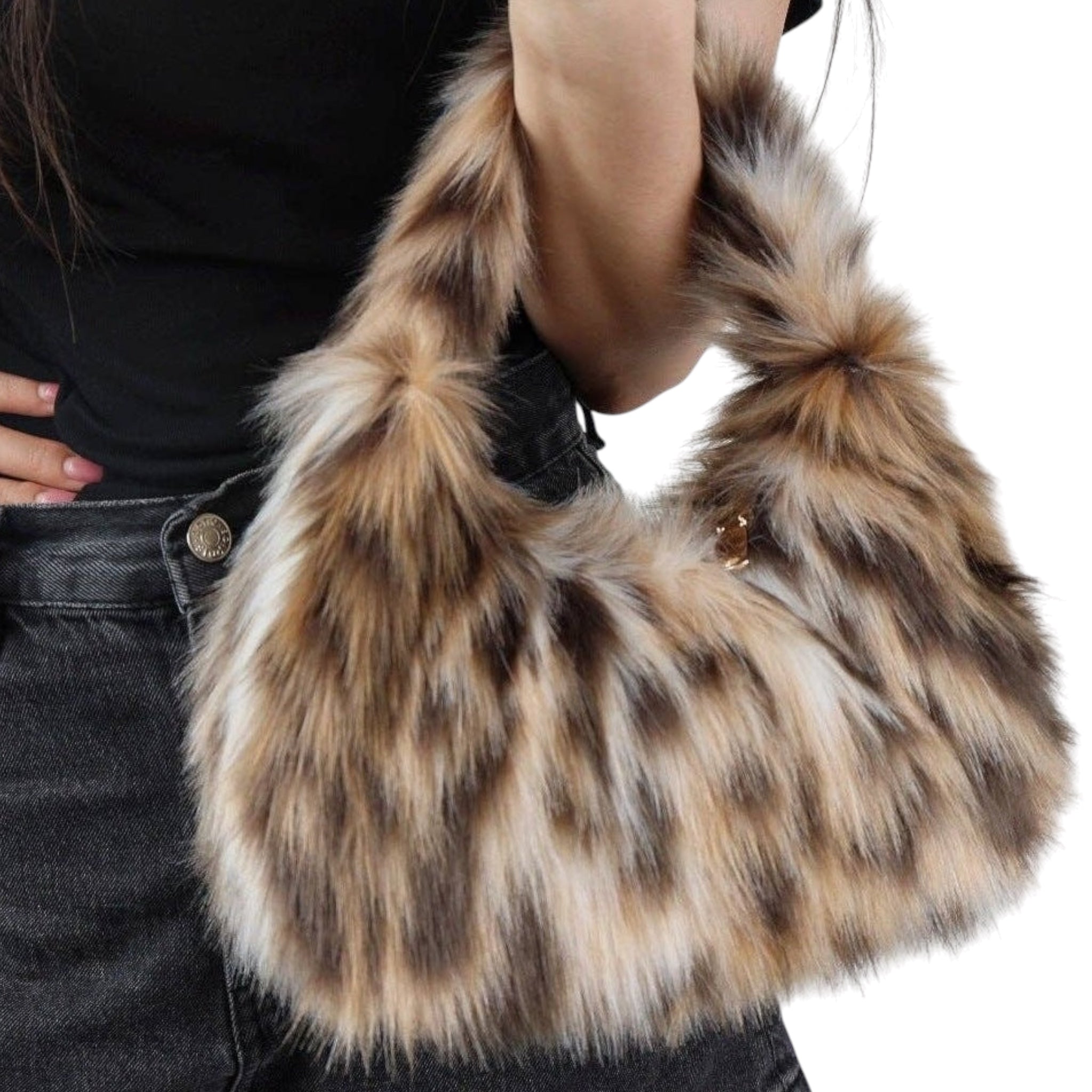 A person wearing a black top and dark jeans carries a large, fluffy faux-fur shoulder bag with a brown, beige, and black animal-print pattern against a plain white background.