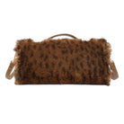 A brown faux fur clutch bag with a leopard print pattern, featuring a top handle and a matching shoulder strap, shown against a plain white background.