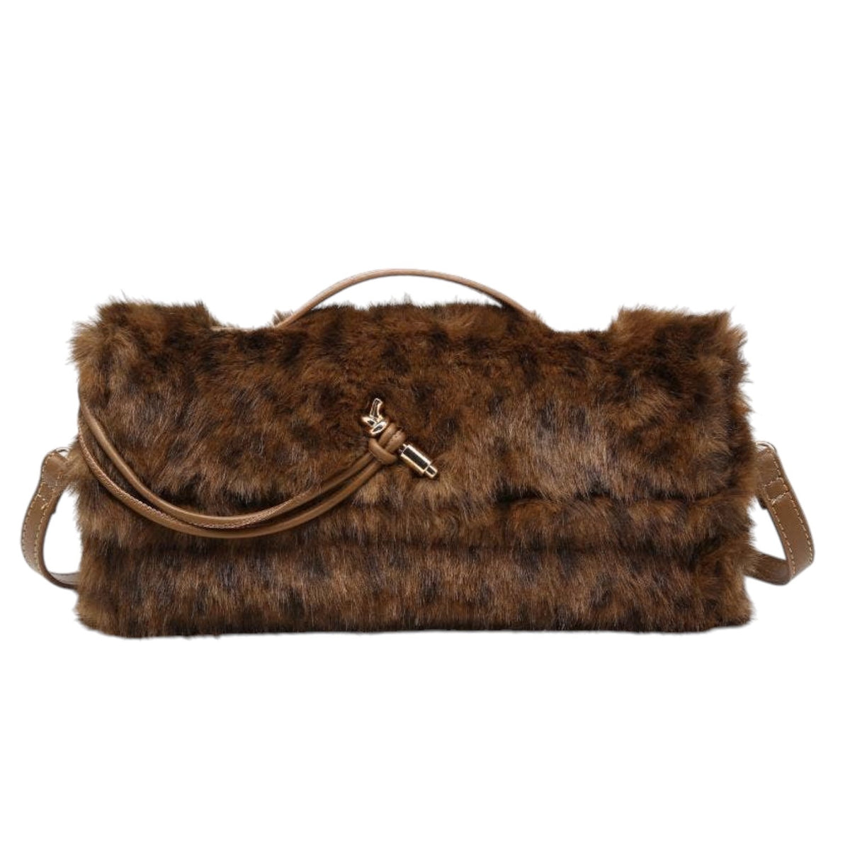 A brown faux fur clutch bag with a top handle, a detachable shoulder strap, and a small gold-tone clasp, shown against a plain white background.
