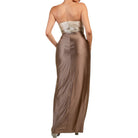 Brown strapless evening gown on a white background